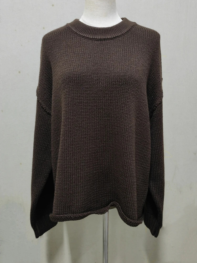 Autumn Fashion Dark Brown Loose Knitted Pullovers Women Casual Oneck Long Sleeve Thick White Sweater Winter Knitwear 251013