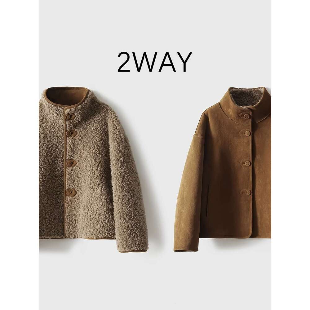 Shein Men's Jackets New Reversible Faux Fashionable Short Warm Versatile Stand Collar, High-Quality Coat, Fleece Cardigan, Fur Jacket, Women'