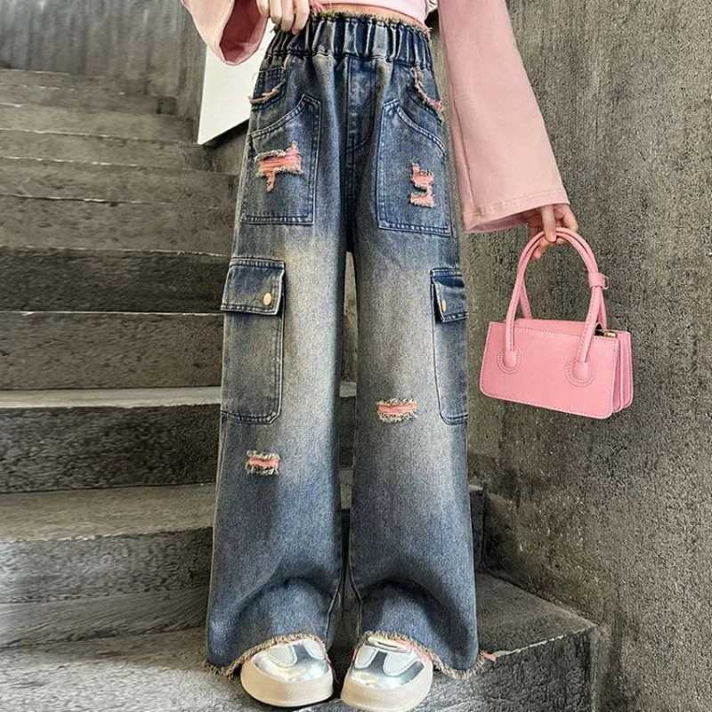 Womens WideLeg Cargo Jeans for Tween Girls Straight Leg Big Kid Autumn Pants Stylish School Jeans for Girls Hot Sale 2025T251017