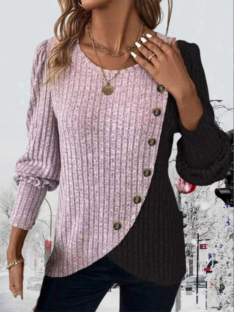 Autumn Long Sleeve Buttons Pit Striped Women Sweaters Contrast Color ONeck Pullovers Loose Simple Knitted Clothing 251013
