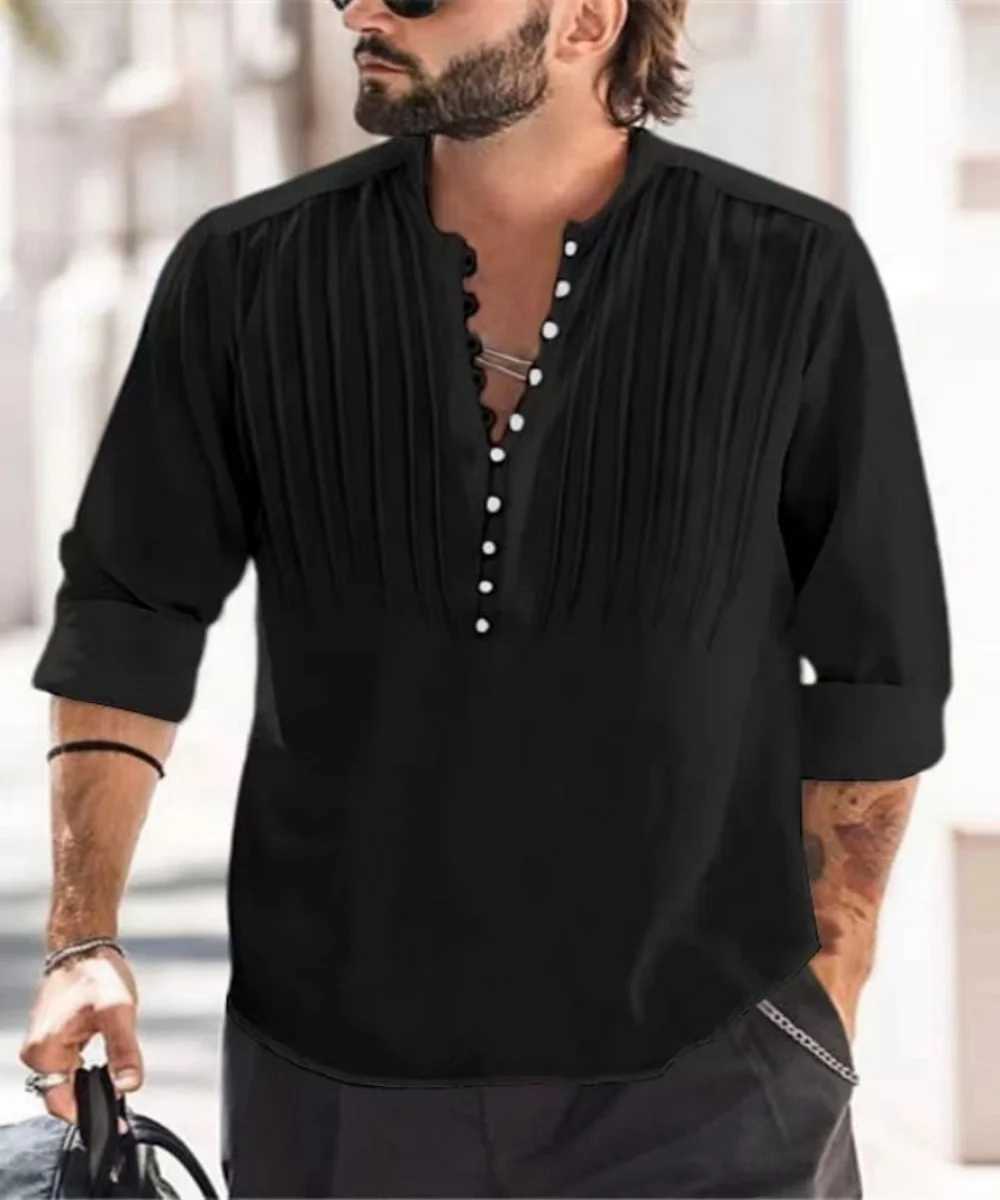 Mens shirt Long Sleeve Spring And Fall AllCotton Pleated Vneck Trend Business Casual Loose Pullover J251017