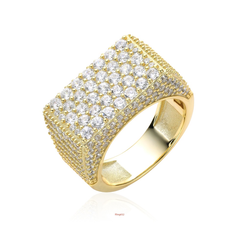 Hip Hop S925 Iced Out Square Ring 14K Gold Plated Zirconia Personalized Rapper Jewelry 925 Sterling Silver Wedding Ring for Men