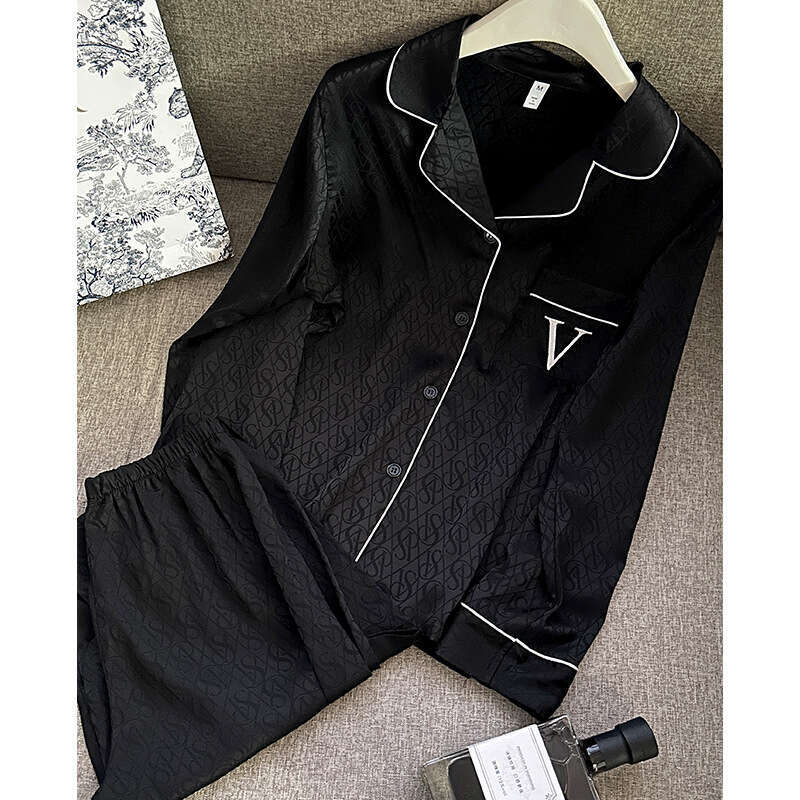 Jacquard V Black Light Luxury High-end Style Women's Pajamas Autumn Winter Long Sleeve Ice Silk Comfortable Homewear Set