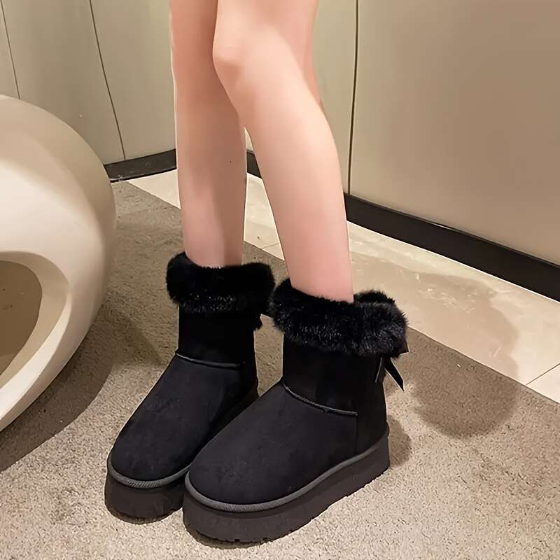 Women's Warm Winter Short -Like Faux Trim Round Toe & Low Block Heel, Round-Toe Snow With Rubber Sole No Edges Brown - Cozy Casual/Dress Boots Fo