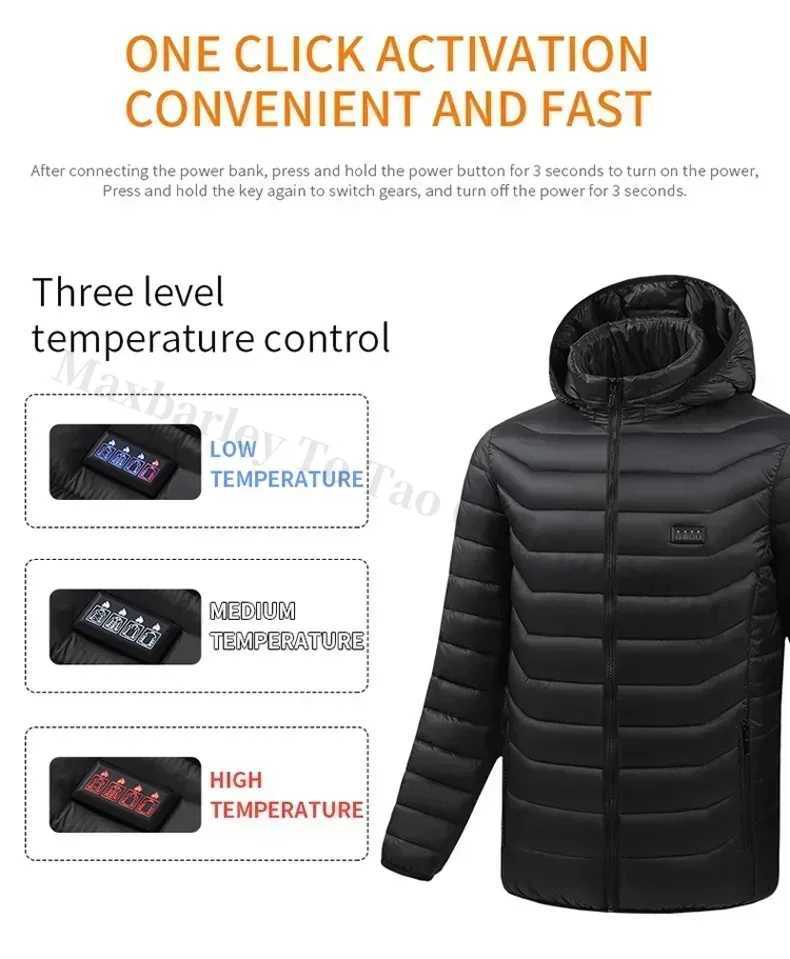 21 Areas Heated Jacket Mens USB Electric Smart Hooded Coat SelfHeating Clothes Men Casual Ski ColdProof Thermal Padded Jacket H251017