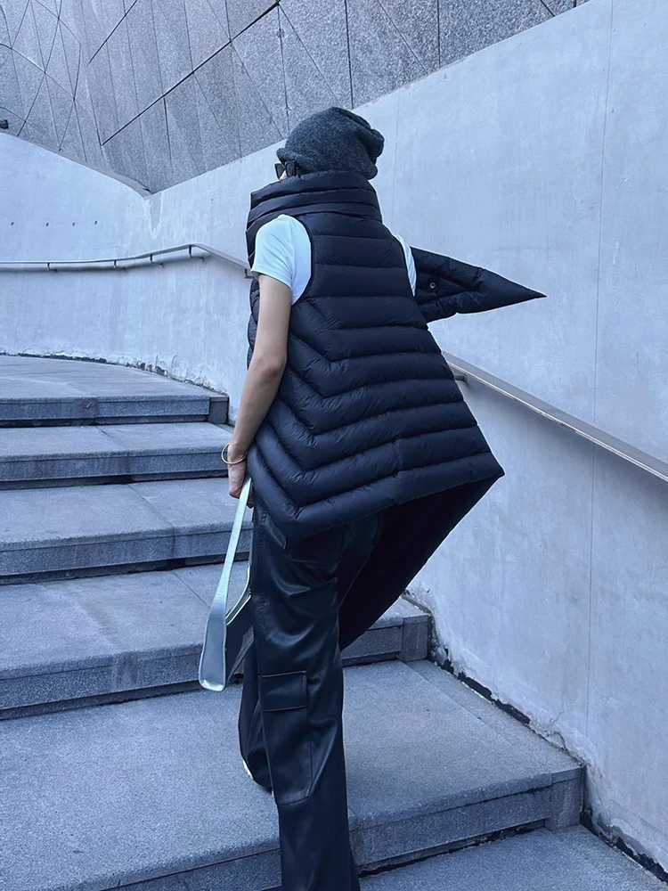 Black Asymmetric Wrap Sleeveless Womens Down Jacket Personality Chic Oversized Scarf Style Down Padded Womens Jacket W251016