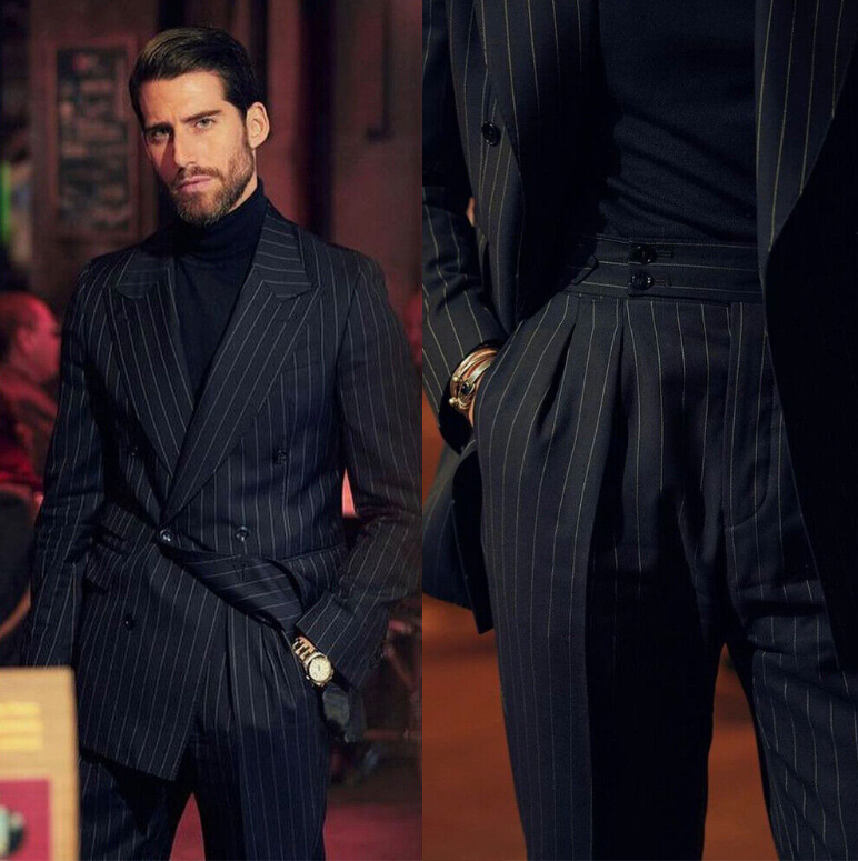 Handsome Business Black Stripe Men Suits Slim Fit Peak Lapel Groom Formal Tuxedos 2Piece Sets High-end Male Blazers Customized