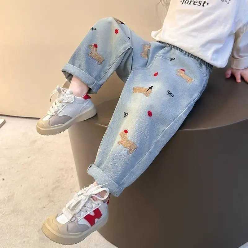 Children Denim Pant Spring Autumn Korean Printed Bows Baby Girls Jeans Kids Cartoon Straight Pant 210 Y Casual TrousersT251017