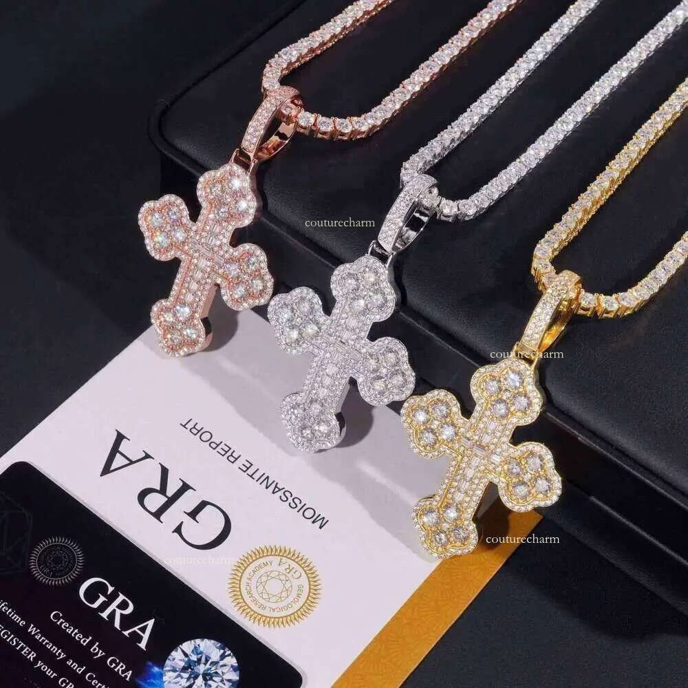 Custom tennis chain sterling sier vvs moissanite hip hop iced out jewelry fashion cross pendant 4mm 5mm Moissanite necklace free delivery