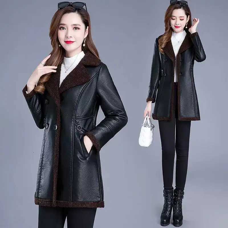 XL6XL Women Leather Jacket Autumn Winter MidLong Faux Leather Motorcycle Windbreaker Coat Mother Winter Thick Velvet OvercoatT251017
