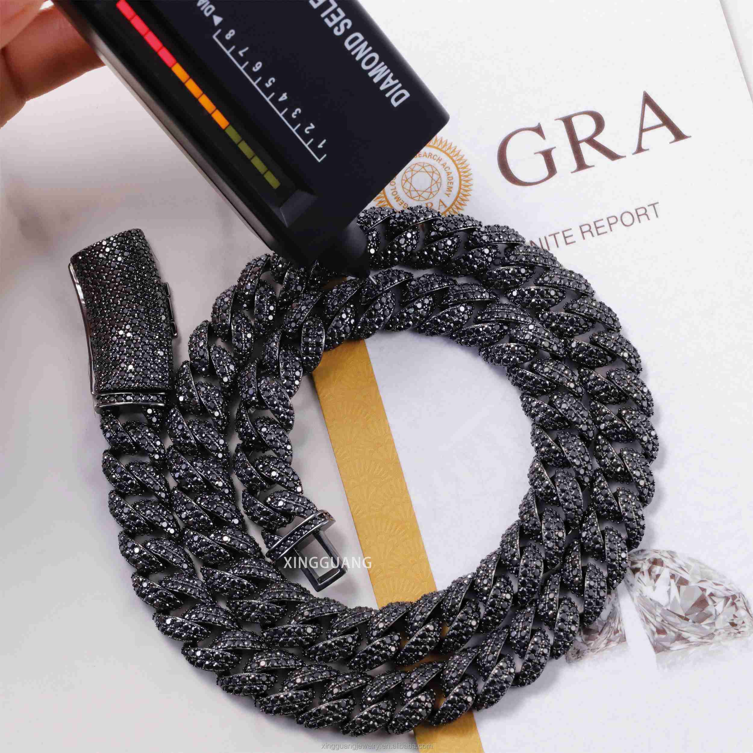 Pass Diamond Tester 13mm Black Gold Plated Hip Hop Cuban Lidynamic Chains 925 Silver Full Iced Out Black Moissanite Chains Necklace