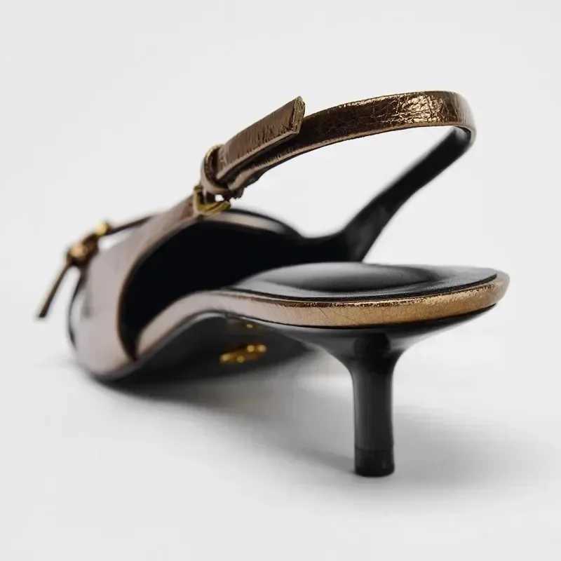 Elegant Kitten Heel Sandals Women Sexy Pointed Toe Gold Copper Heels Luxury Buckle women Pumps Low Heel Slingback Mules Sandal Z251015