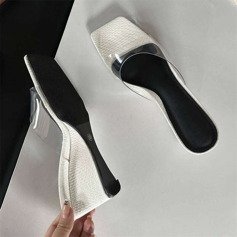2026 Fashion Shallow PVC Transparent Wedge Women Slippers Rome Style Square Toe High Heels Outdoor Party Female Shoes