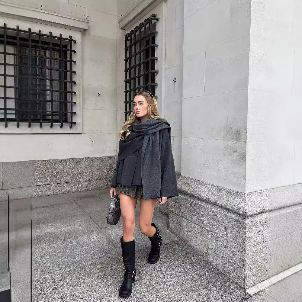 Women's Elegant Woolen Short Coat with Contrasting Scarf Collar Long Sleeves,and Loose Fit - Chic Autumn Lady Outerwear 241218