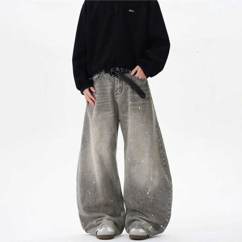 Korean Retro Vintage Gray Splashed Ink Design Jeans MenS Street Baggy Pants Casual HipHop Pants Y2k Jeans Y251105