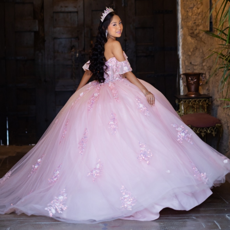 Pink Shiny Quinceanera Dresses Off The Shoulder Applique Lace Beading Crystal Tull Party Birthday Sweet 16 Dres Vestidos 15 De Anos