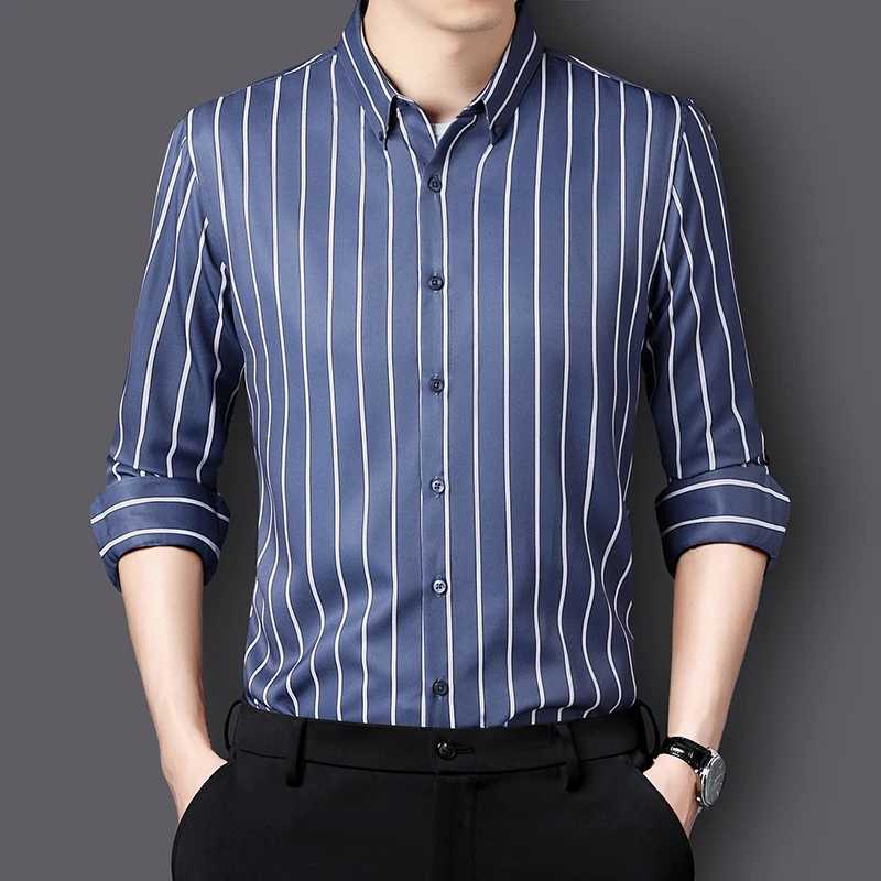 Fashion Stripe Stretch Mens Shirts Long Sleeve New AntiWrinkle Dress Shirts Male Button Slim Social Business Casual Shirt J251017