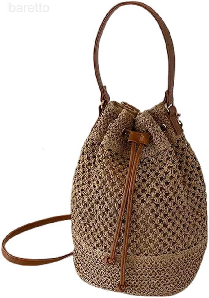 Women Straw Drawstring Bucket Purse Small Tote Shoulder Handbag Hollow Out Crossbody Bag for SummerBeach Z251017