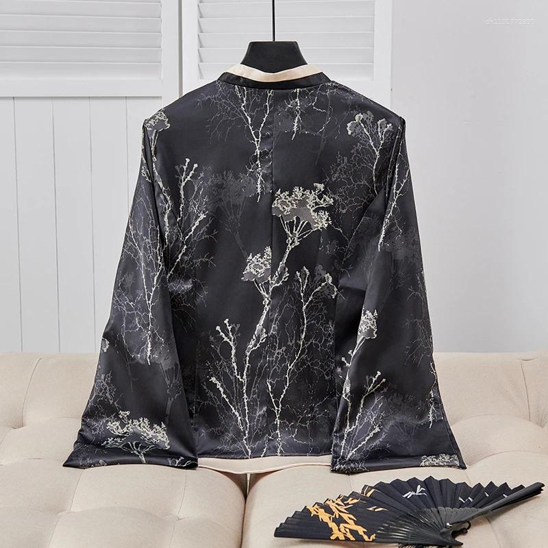 Women's Jackets Vintage Chinese Style Jacket Jacquard Acetate V-Neck Lace-up Top Celebrity Party Autumn Fashion Chic Cardigan Black Coat