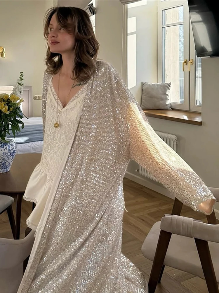 Womens Sequin Maxi Coat Oversized Open Front Long Sleeve Sparkly Outerwears For Woman Chic Casual Loose Fit Lady Outfit 251013