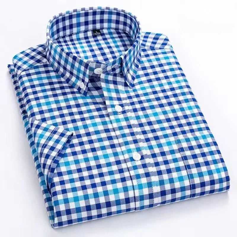 New in shirt hight qulity100cotton summer short sleeve shirts for men slim fit shirt thin plaid houndstooth soft office clothes J251017