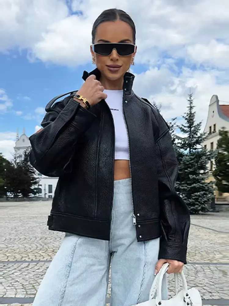 HH Women Fashion Pu Leather Jacket Vintage Solid Long Sleeve Zipper Overcoat Jackets Autumn Female Casual Street OuterwearT251017