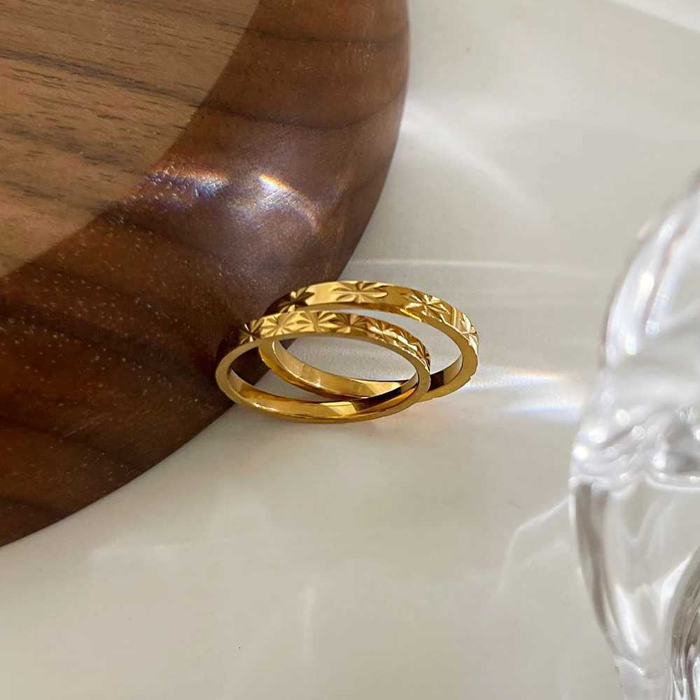 GHIDBK Tarnish Free Stainless Steel 18K Gold Pvd Plated Starburst Texture Rings for Women Trendy Wedding Daily Jewelry StackableW251017