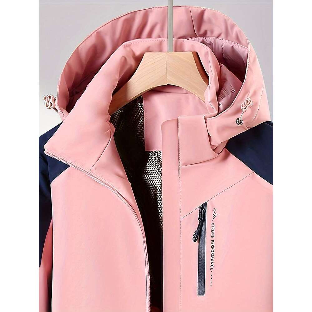 Windproof Jacket Windproof & Warm Women's Lightweight Winter Hooded Jacket | Color-Block Design With Zipper Front, Long Sleeves, And Adjustable H