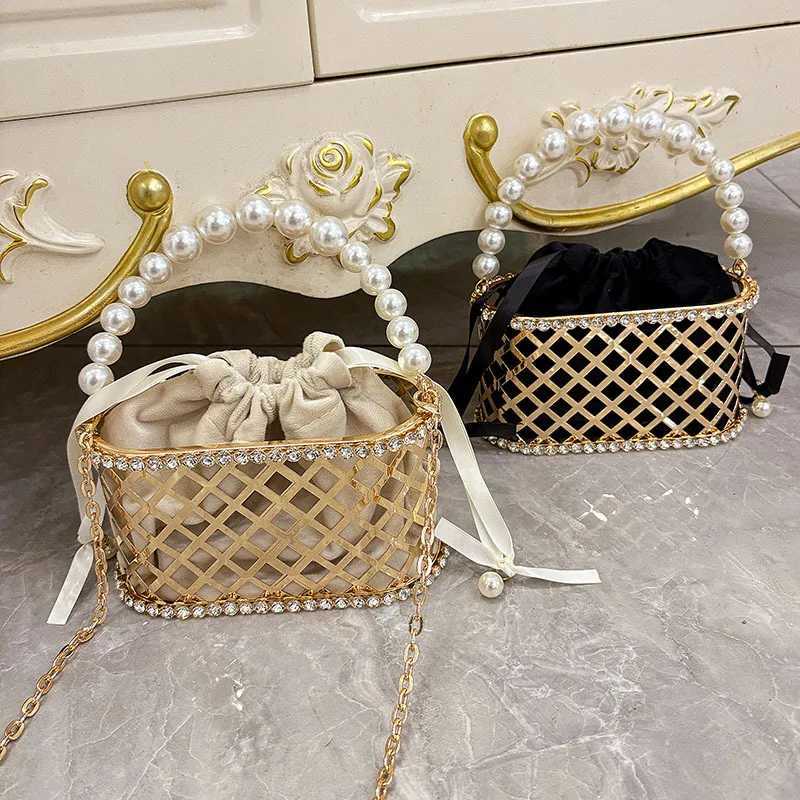 Fashion Pearl Beaded Handheld Women Handbag Gold Metal Cage Glitter Diamond Evening Bag Wedding Party Clutch Purse Crossbody Bag Z251017