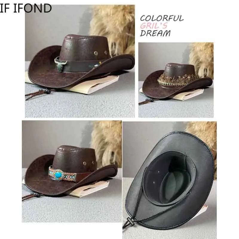 Fashion Cow Head Decorate Western Cowboy Hat Faux Leather Vintage Gentleman Jazz Hats For Men Panama Cowgirl Hat 251015