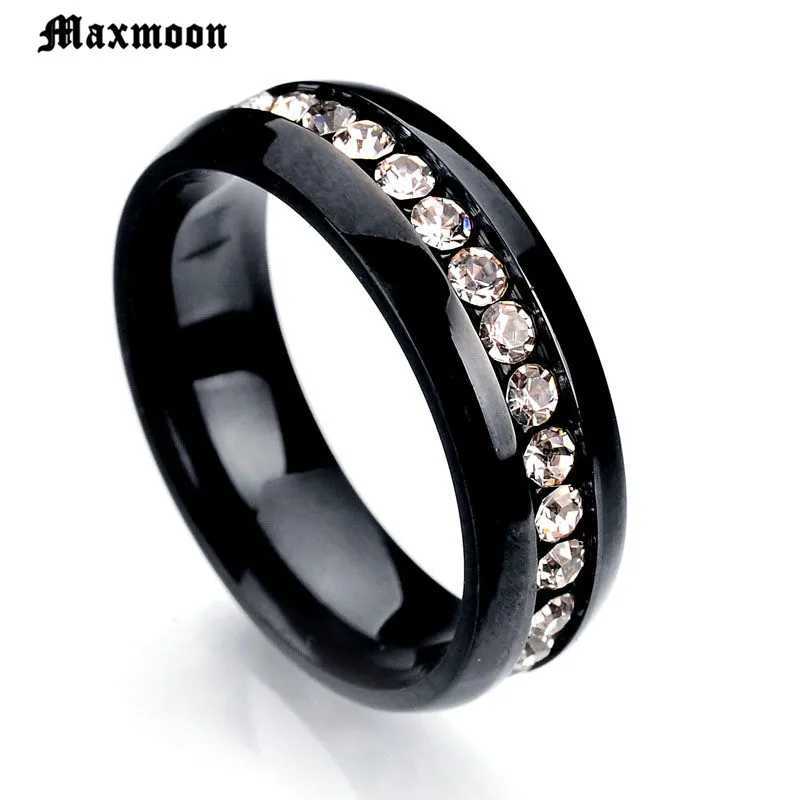 Maxmoon 6mm Oblique Zircon Carving 316L Stainless Steel finger Engagement Wedding rings for women and menW251017