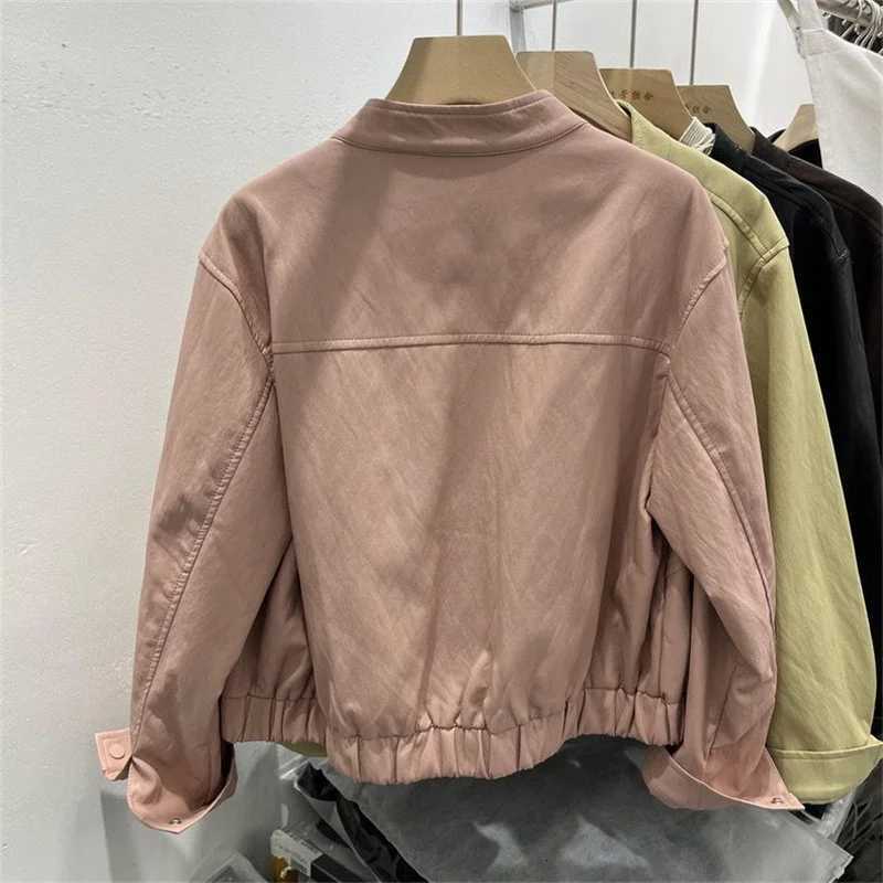 Leather Jacket Leather Womens Spring Clothes Standup Collar Loose Casual Black Motorcycle Washed PU Leather Jacket Coat TideT251017