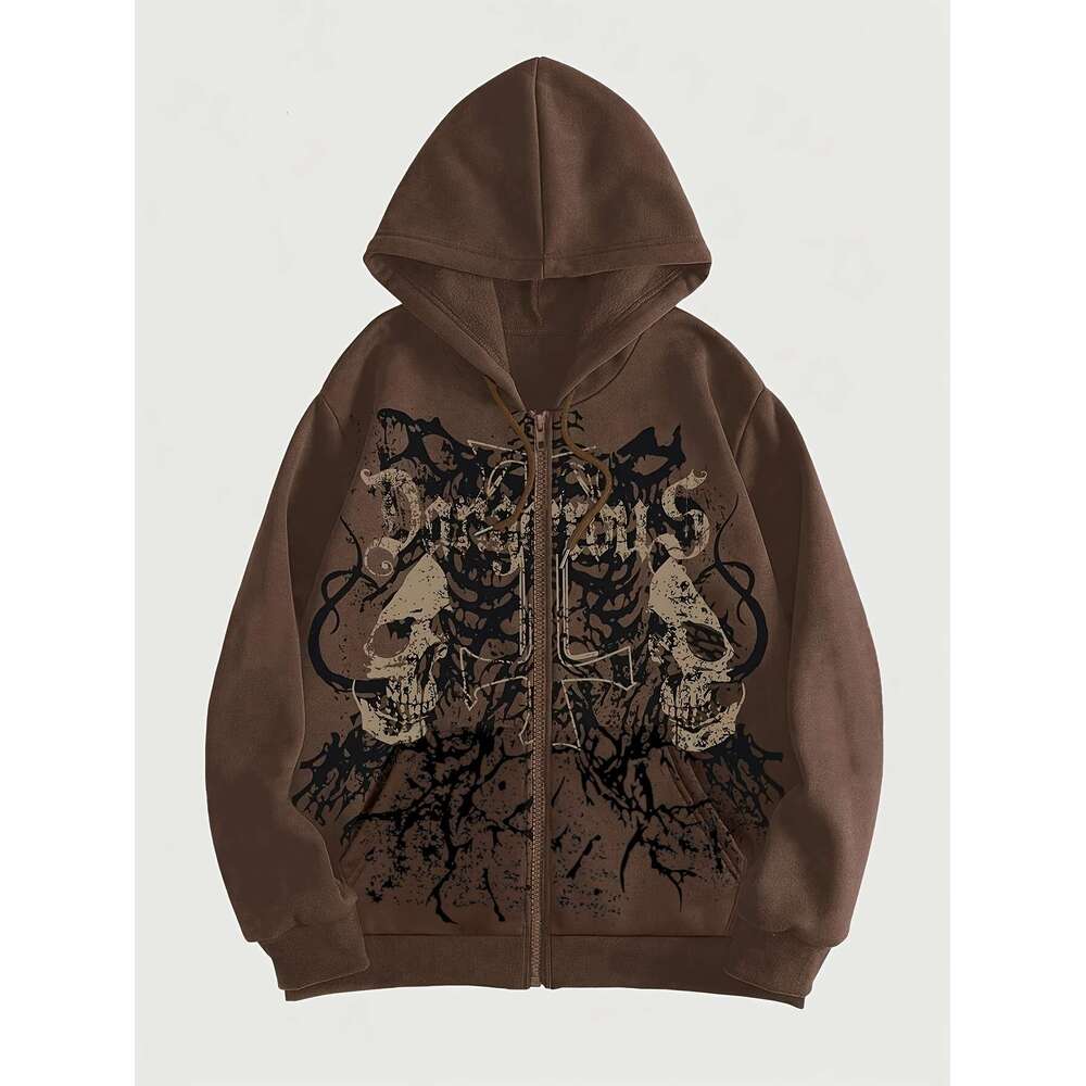 Women's Sweatshirt Dark Green Graphic Hooded Sweatshirt | Women's Casual, Skull & Crossbones Print, Zipper Front, Hine Washable, All-Season 