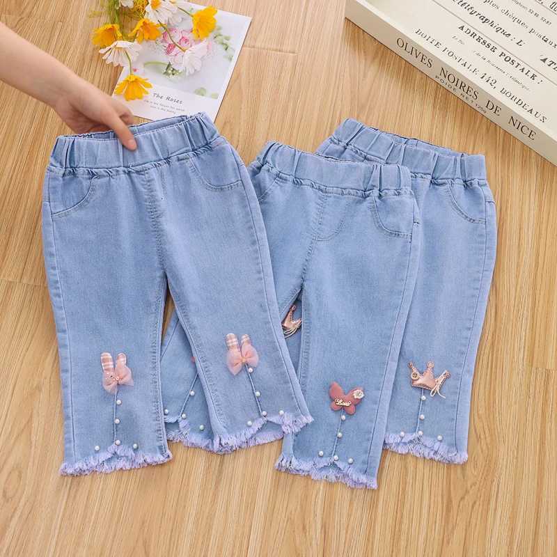 710 Pants LengthSpring Autumn Children Jeans Girls Cotton Print Splice Stretch Denim Pants Korean Teenage Kids ClothingT251017