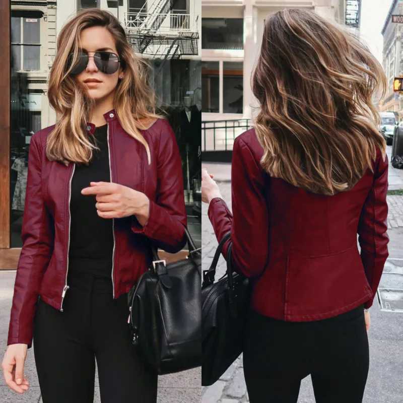 Solid Fall Women Bike Coat Faux Leather Outwear Zipper Outfit Spring Autumn Wome Fashion Short Thin Winter Jacket Coat WomenT251017
