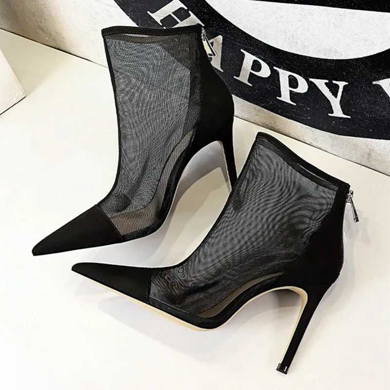 Mesh Hollow Ankle Boots for Women Pointed Toe Zipper Thin Heel Designer Modern Boots Fashion Sexy Super High Heel Women Shoes Z251015