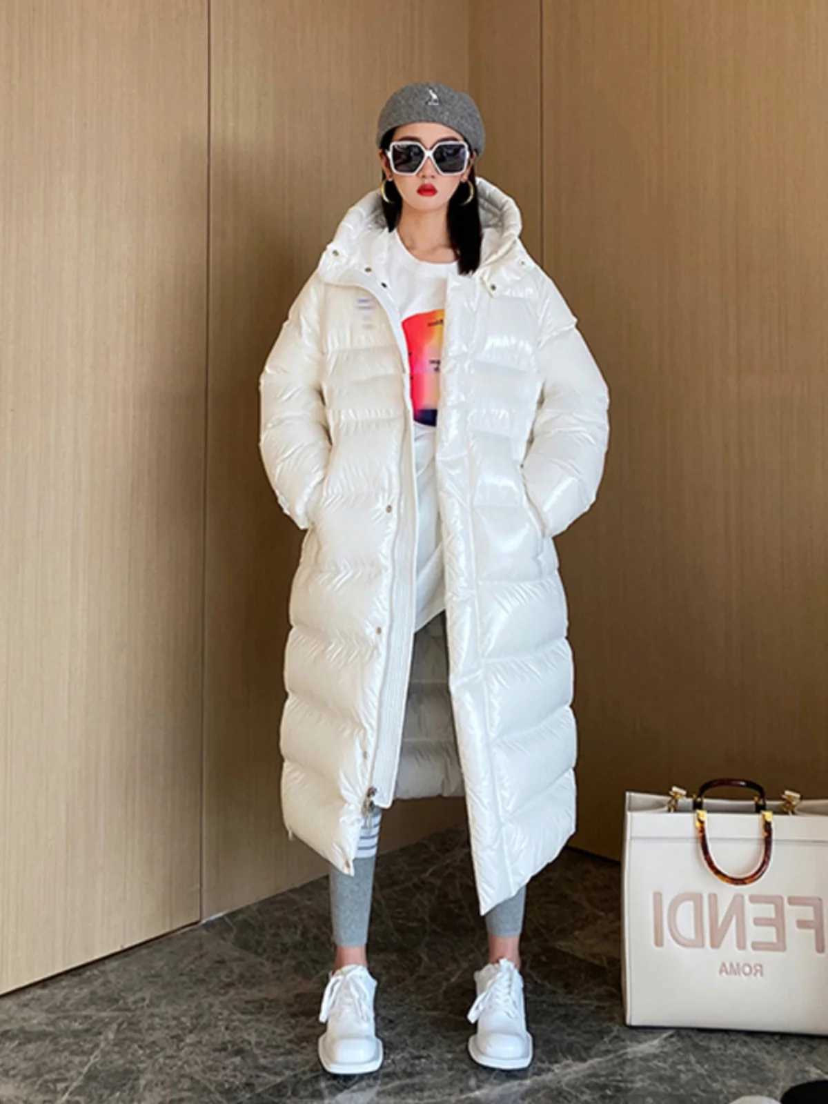 Womens Winter Hooded Glossy Long Sleeve Hooded Long White Duck Down Coat Lady Thick Warm Down Outwear W251016