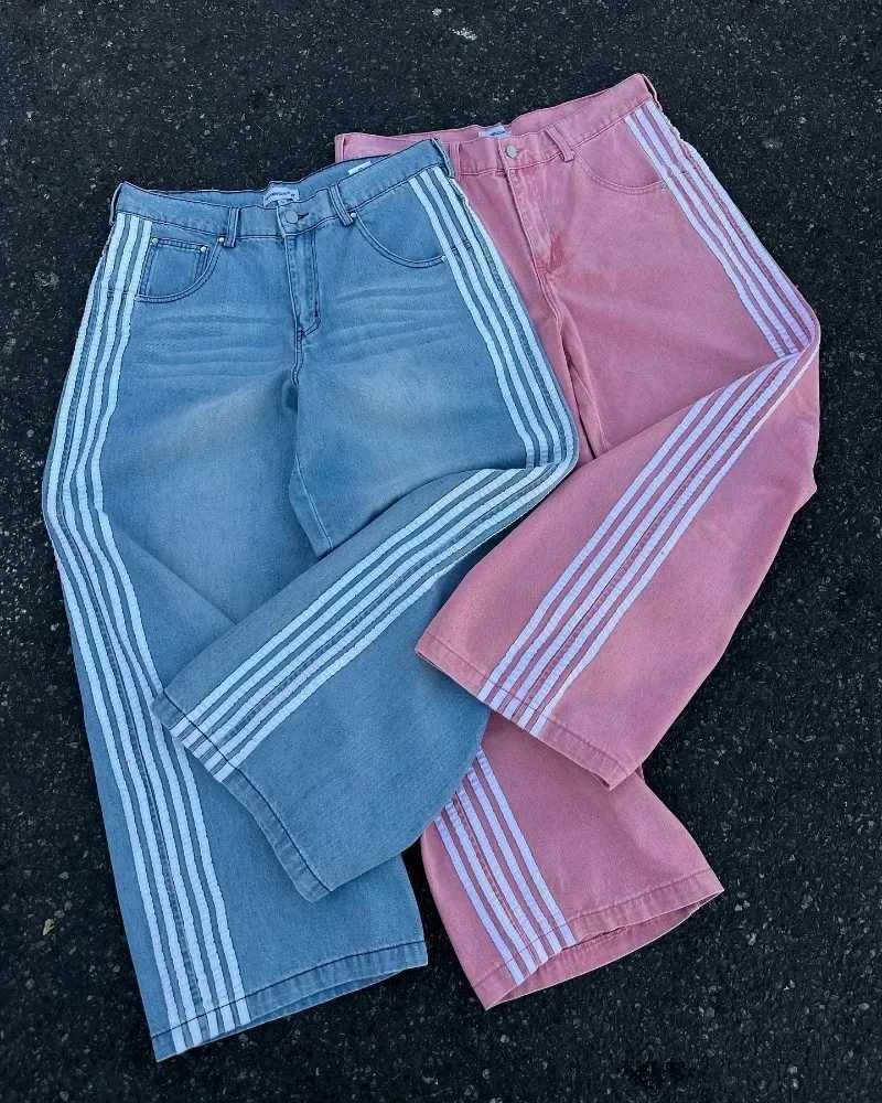 Y2k highwaisted jeans Women Harajuku Trend striped straight leg jeans Hip Hop retro streetwear couple baggy wideleg pants Y251105