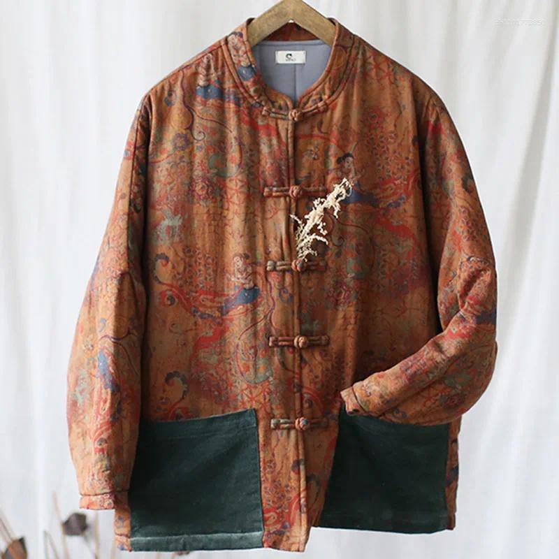Women's Jackets Pastoral Cotton Pattern Printed Short Cotton-padded Jacket Womens Autumn-winter Vintage Disc Buckle Loose Version Thickened