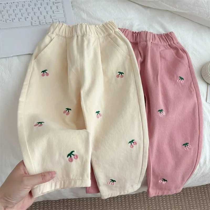 Spring Autumn Sweet Children Pants Cherry Embroidery Girls Casual Trousers Childrens Fashion Loose Fit Kids Clothing Baby GirlsT251017