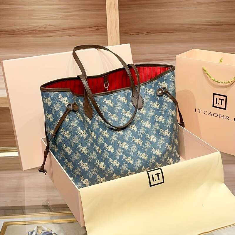 Elegant Blue Handbag, Red Interior, Large Capacity, Gold Hardware, Detachable Shoulder Strap - Suitable For Daily And Commuting, Travel Floral Print H