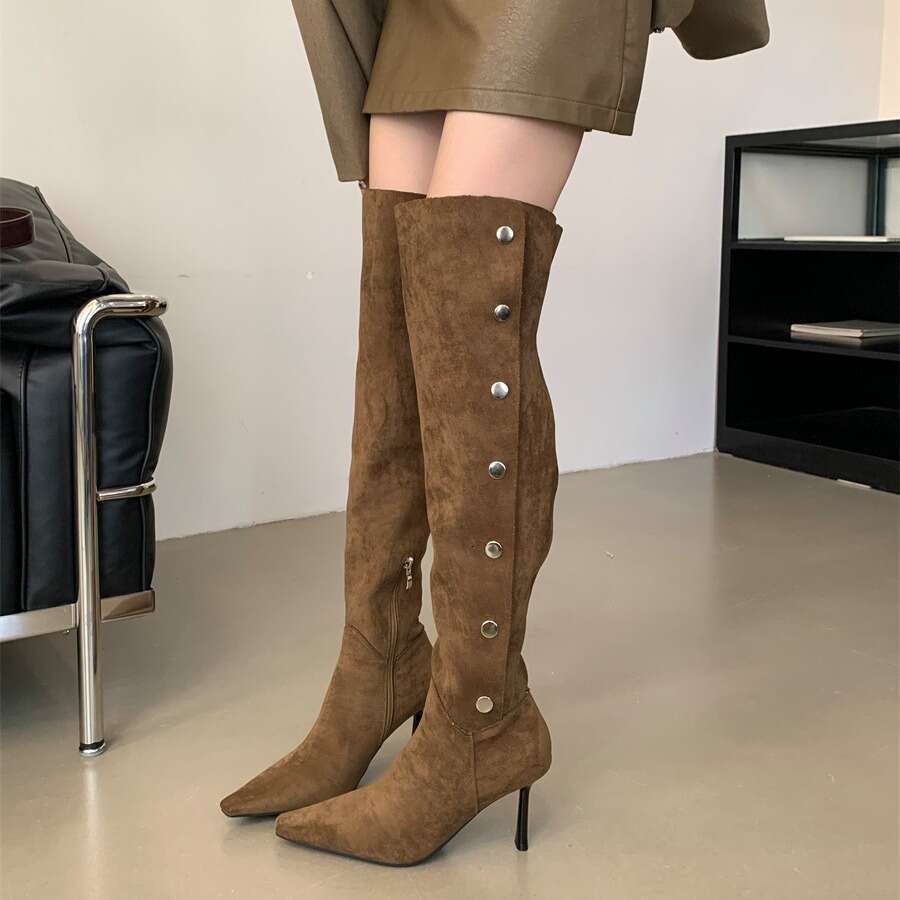 2025 French Style Women's Designer Shoe - Stacked Stiletto Heel Over-the-Knee Long Wrinkled Denim Riding Boots Casual & Chic