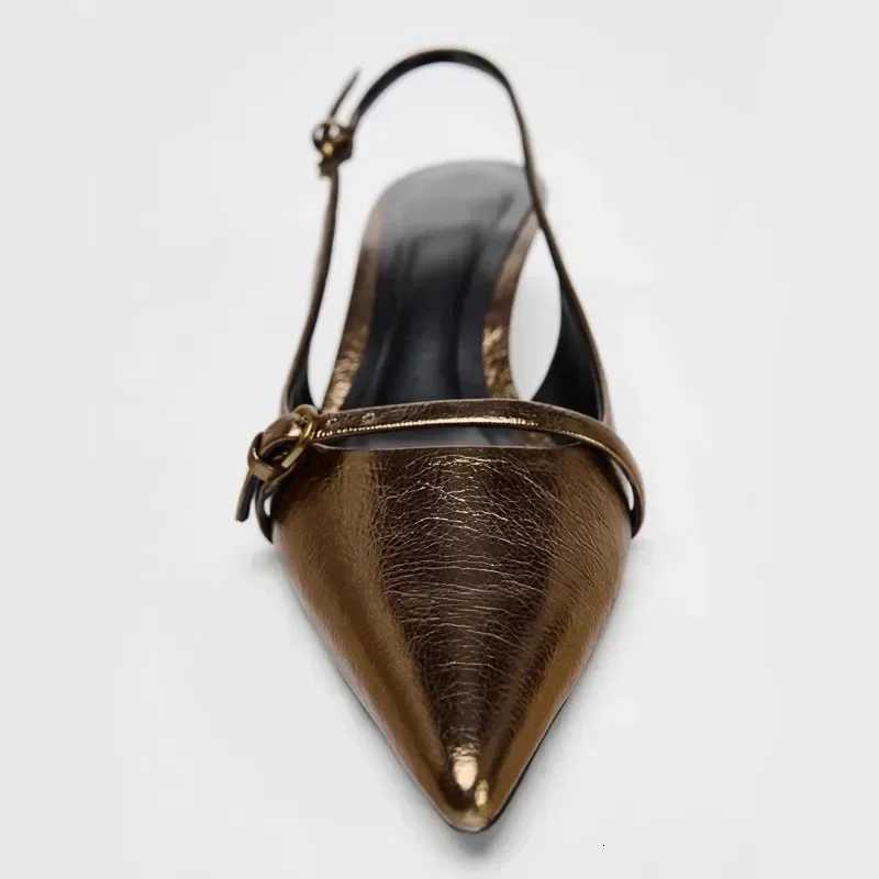 Elegant Kitten Heel Sandals Women Sexy Pointed Toe Gold Copper Heels Luxury Buckle women Pumps Low Heel Slingback Mules Sandal Z251015
