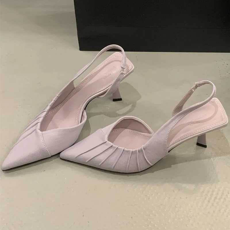 Flannel Pleated Pointed Toe High Heels Women Simple Buckle Strap Thin Heeled Sandals Summer Elegant Outdoor Casual Office Shoes Z251015