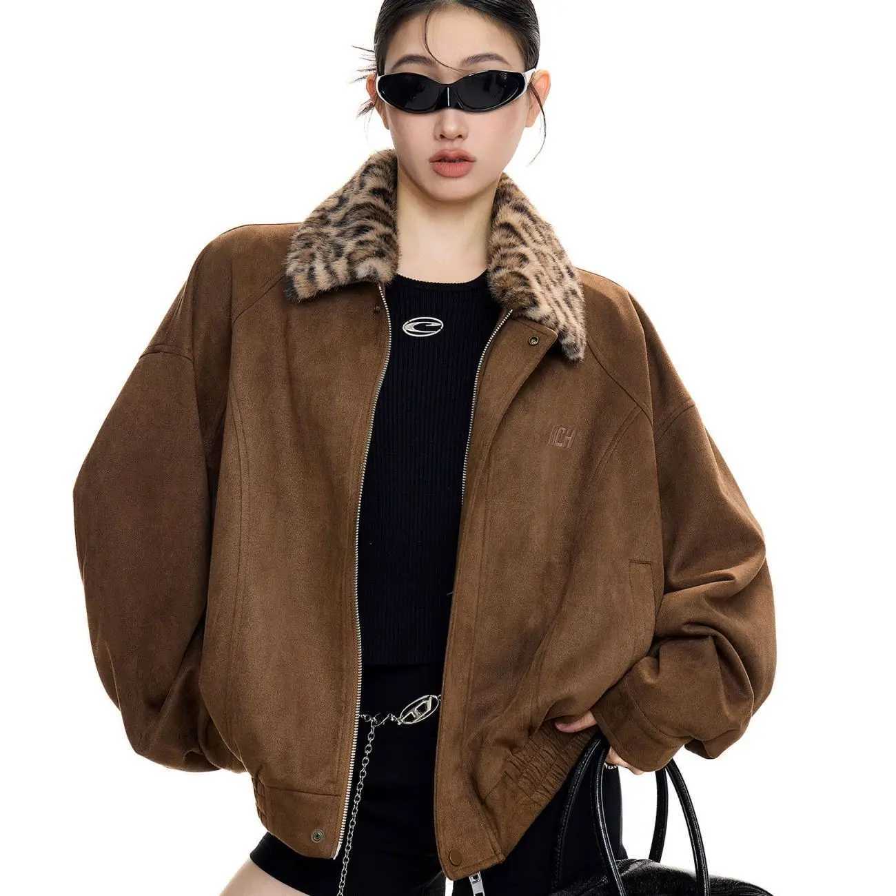 American Retro Spliced leopard Print Lapel Deerskin Fur Collar Jacket Autumn NEW Daily Casual Loose Version Trendy Top Women W251016