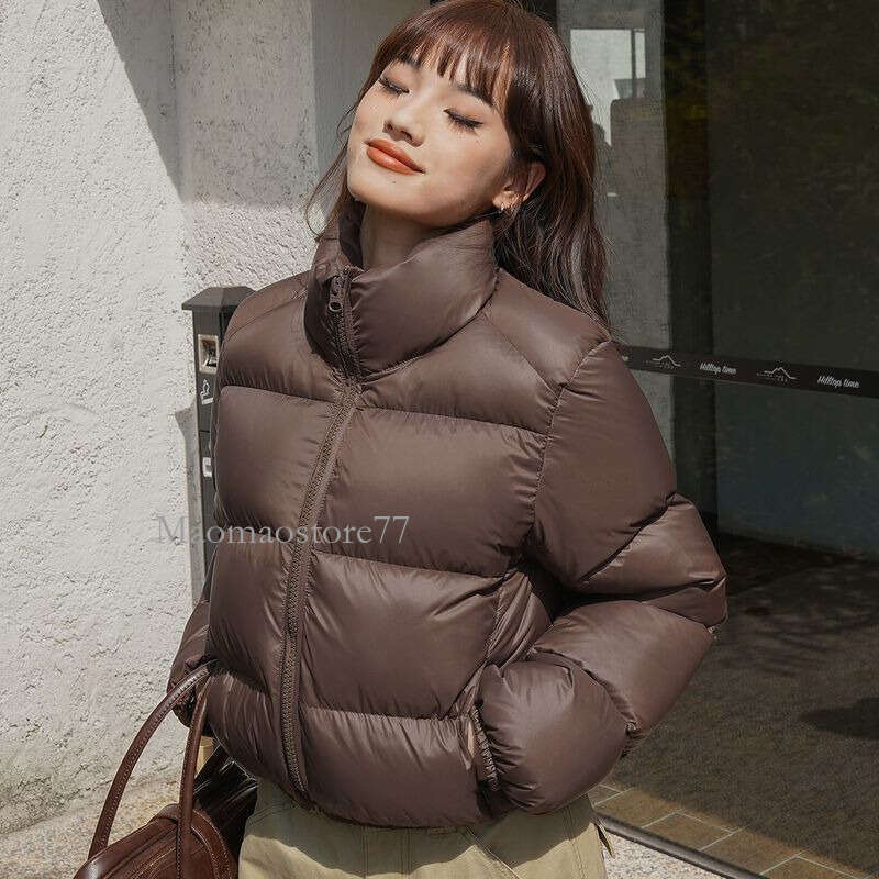 Korean Stand Collar Parkas For Women Black Zipper Up Warm Short Parka Jacket Woman Winter Slim Pockets Long Sleeve Coats Lady