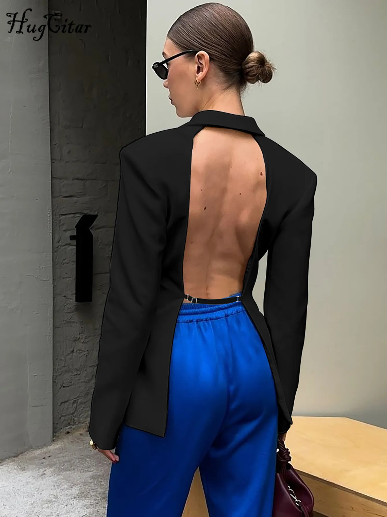 Hugcitar Solid Notched Collar Long Sleeve Button Backless Slip Sexy Oversize Suit Blazer Coat Female Fashion Top Party Vacation 251017