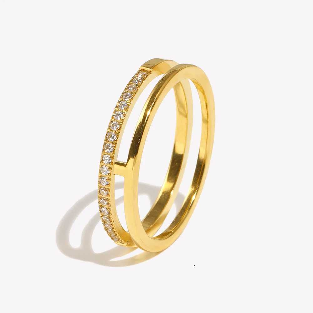 EBbelle Minimalist Style Double Layer Rhinestone Ring Basic Stack Jewelry Stainless Steel 18k Gold Plated For Girls Party Z251017