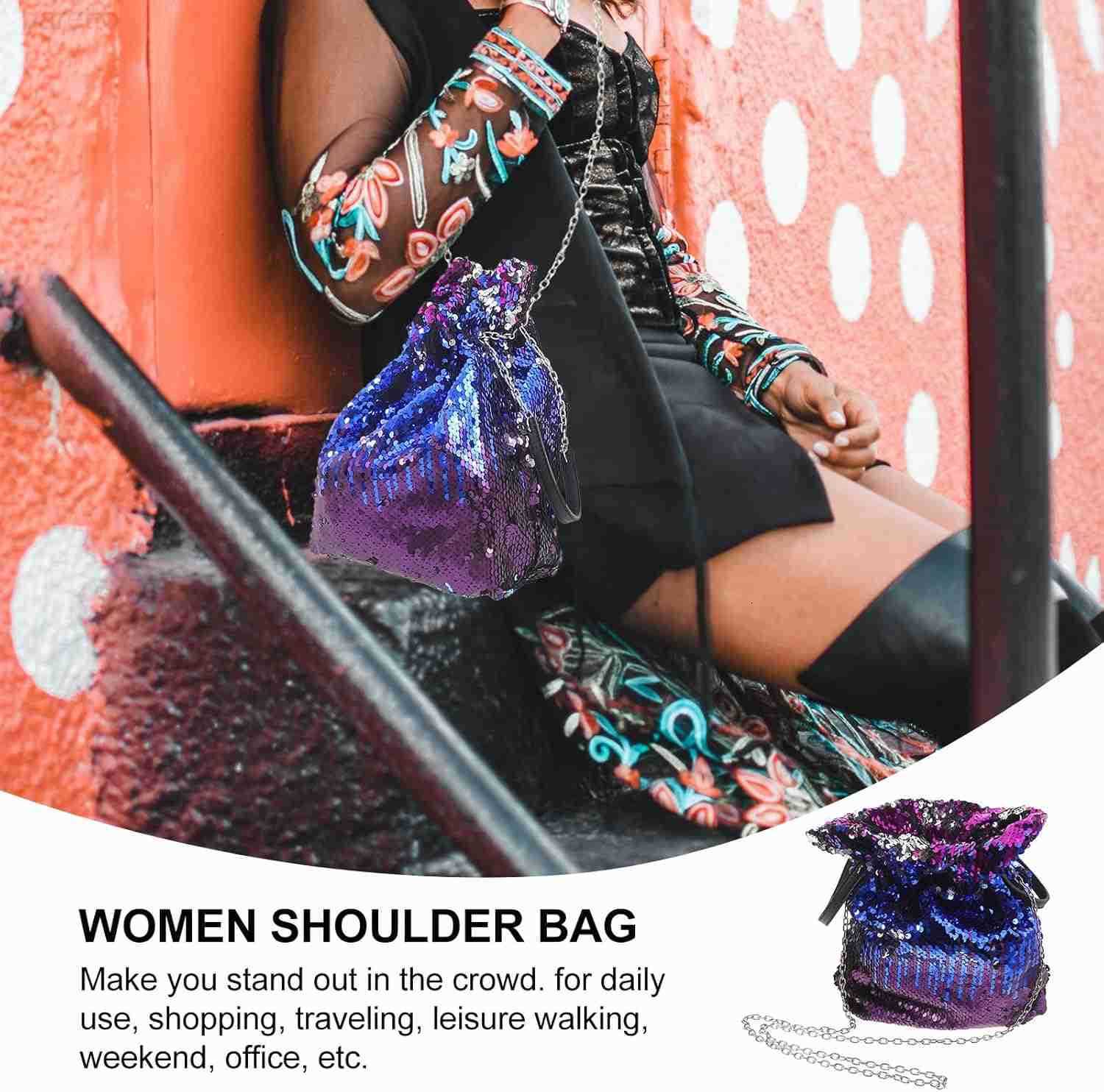 Purse for Women Glitter Sequin Cluth Bling Bucket Bag Stylish Shoulder Bag with Tassel Chain Party Tote Handbag Blue 75 x 39 x 10 inch Z251017