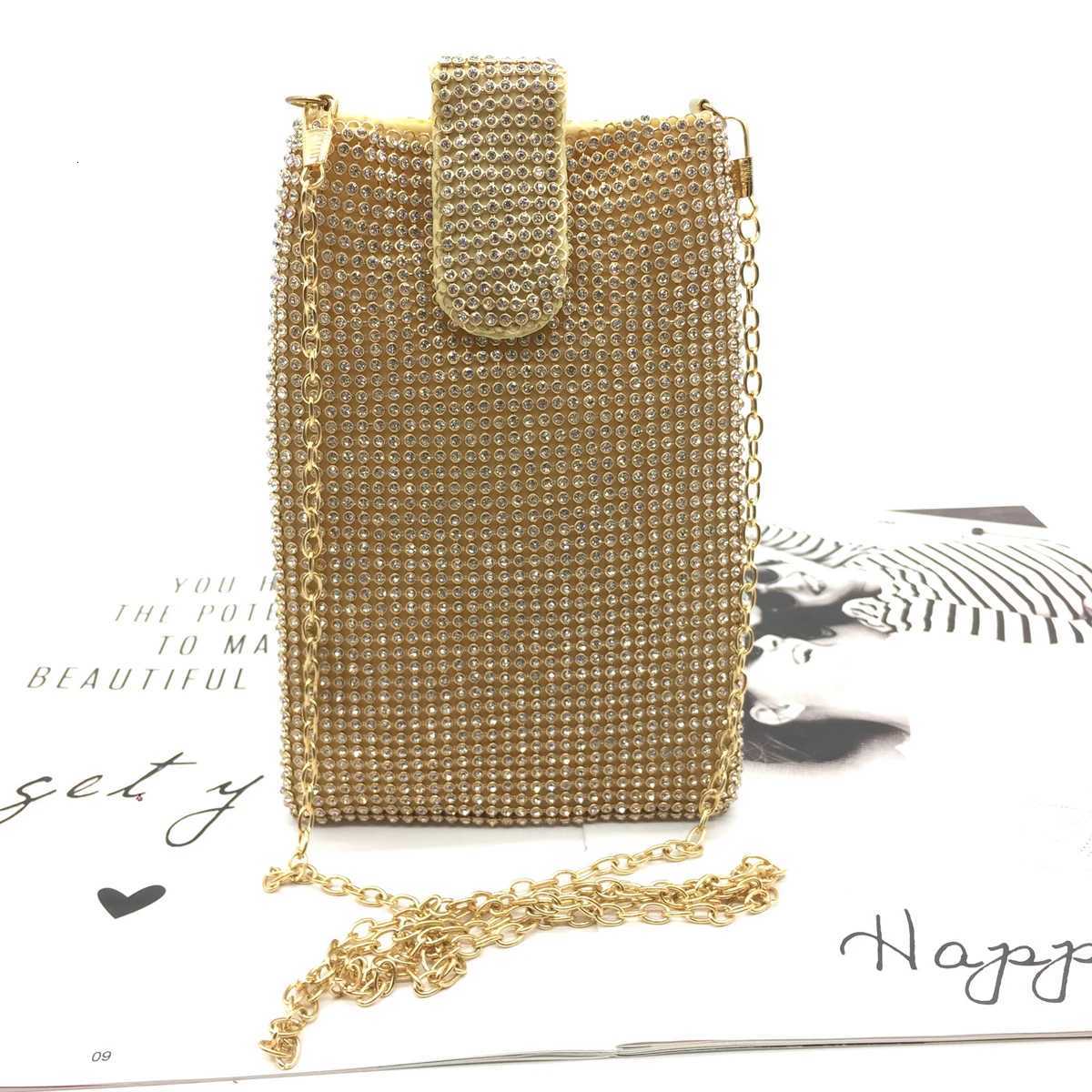 Shiny rhinestone mobile phone wallet metal chain shoulder lipstick mini bag dinner party ball messenger bag Z251017